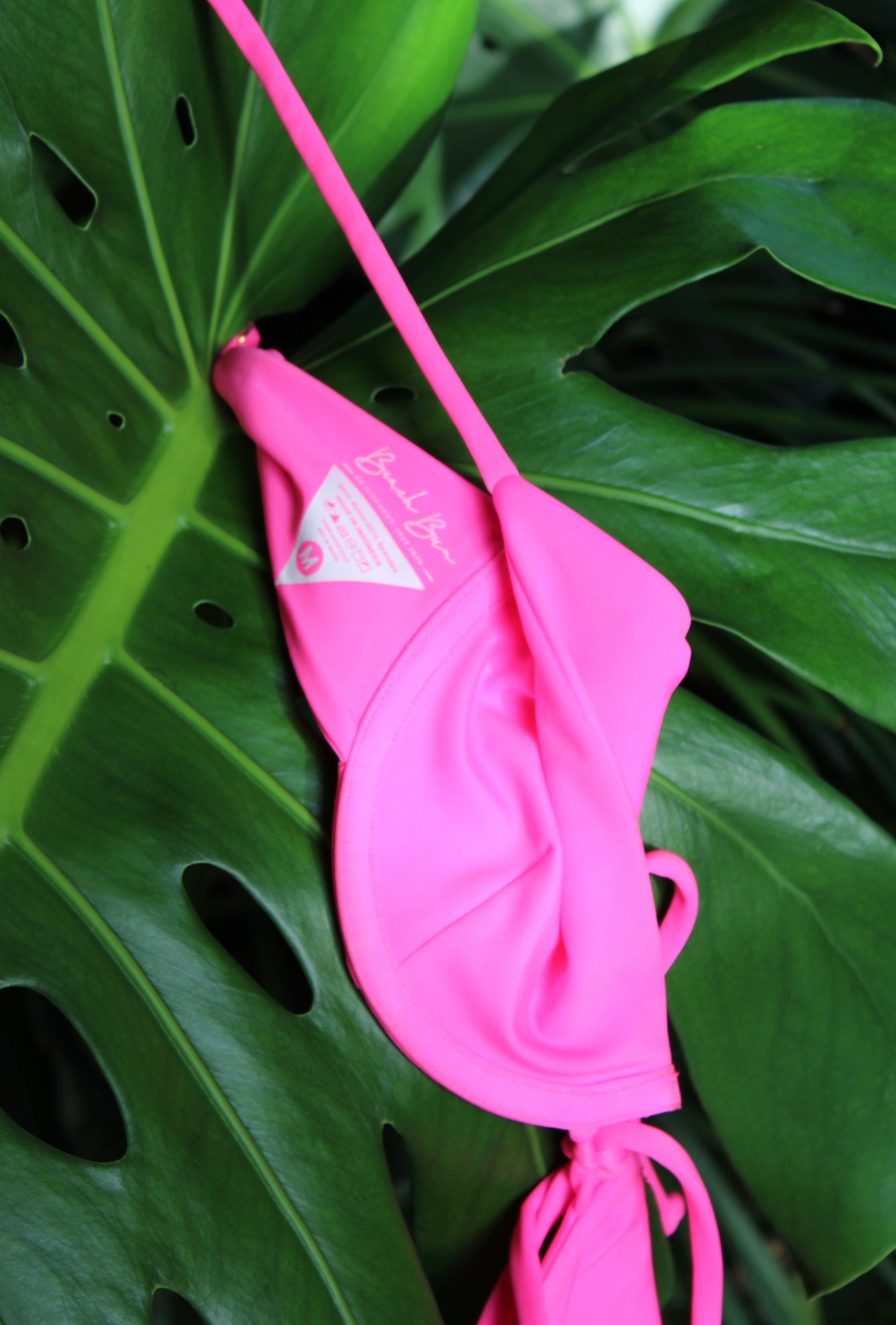 A bright pink bikini on a green leaf.