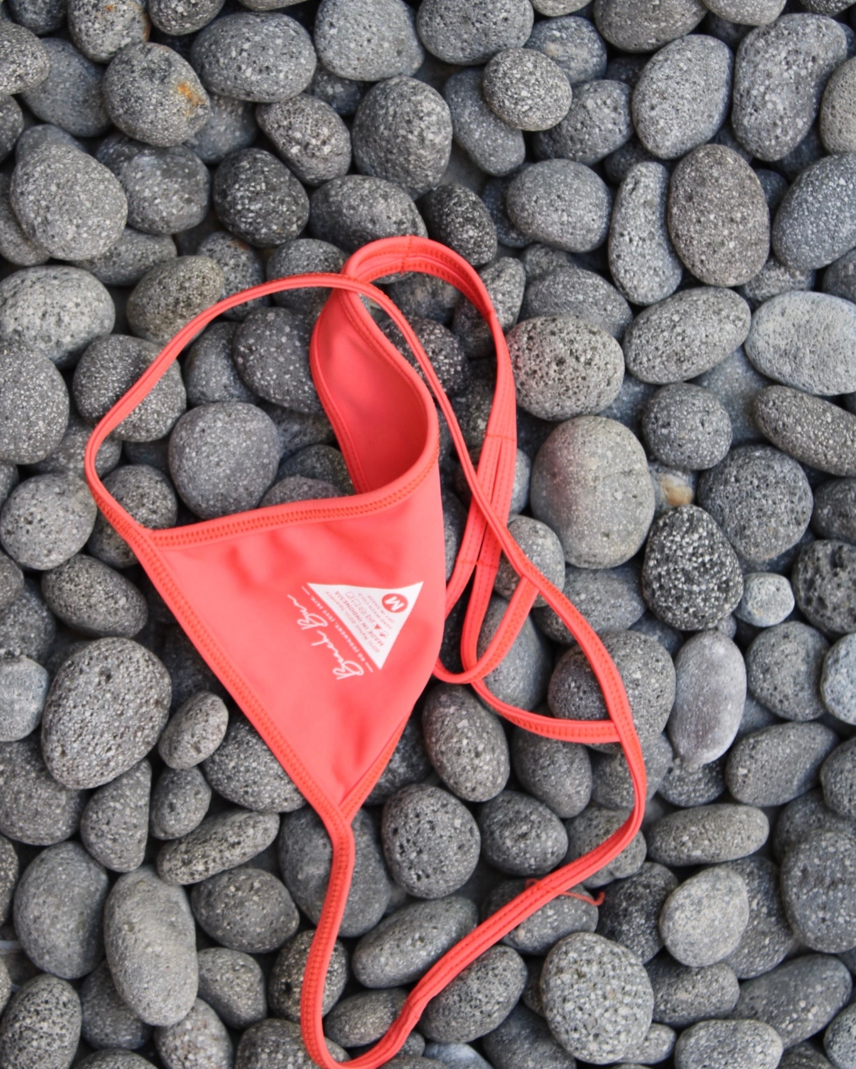 A cheeky red v cut bikini bottom on gray rocks.