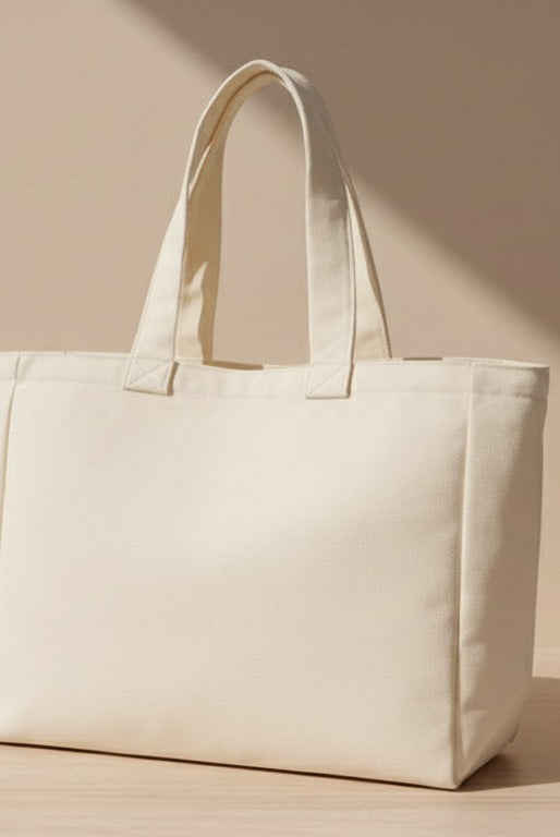Beige tote bag with 'Trust No Hype' text on a light wooden surface