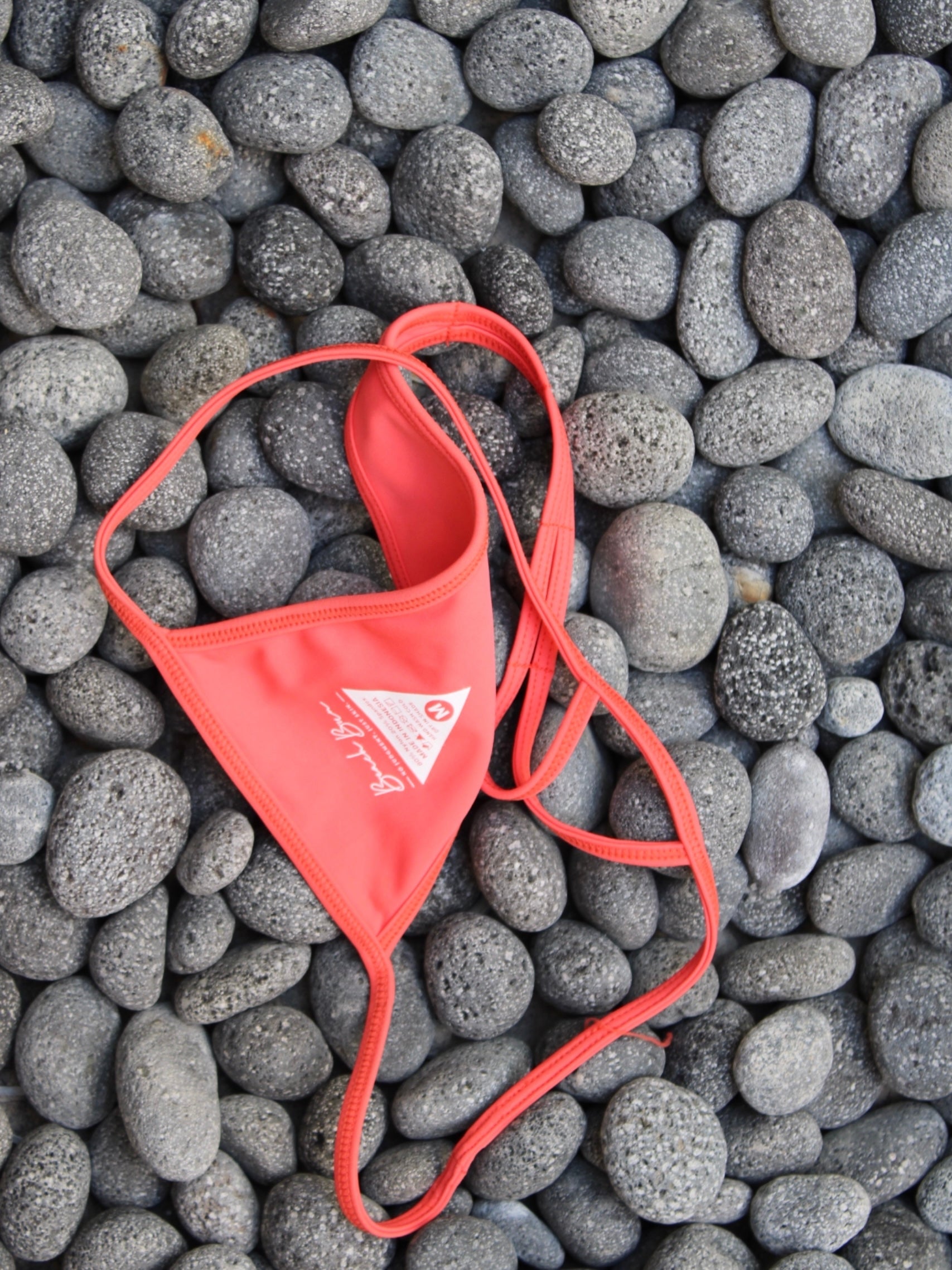 Red bikini bottom lying on stones.