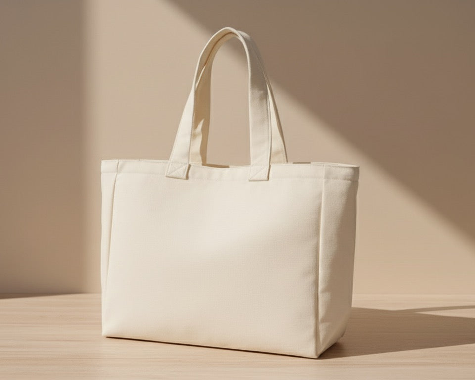 Beige tote bag with 'Trust No Hype' text on a light wooden surface